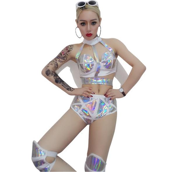 Holographic Electra Bra white Rave Outfit Festival Bra Cyberpunk Costume  Tron Burning Man Drag Queen Costume 