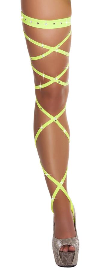 100 Solid Leg Strap with Attached Garter & Rhinestone Detail - Yellow- Rave or Sleep