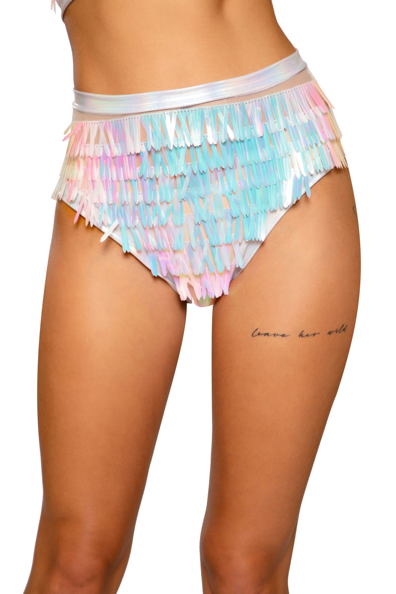 3718 - White Raindrop Sequin & Shimmer High-Waisted Shorts