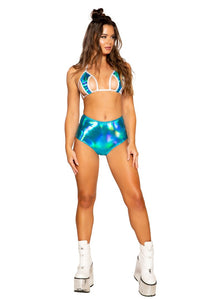 Blue holographic High-Waisted Rave Shorts - front -  Rave or Sleep