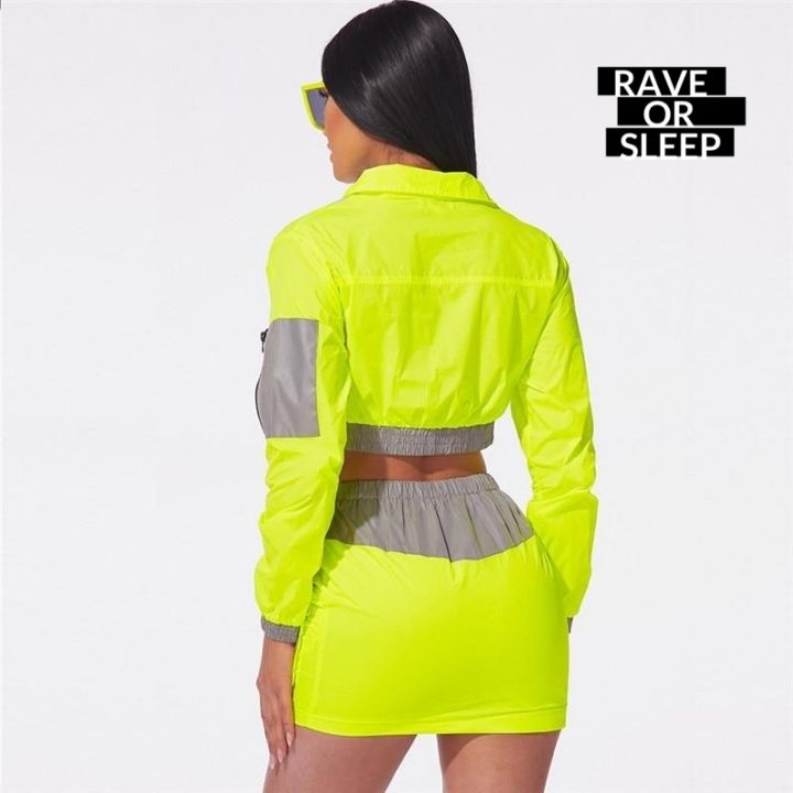Two-piece neon reflective streetwear outfit
