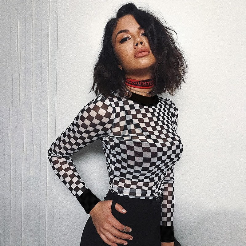 Black and White Checkered Long Sleeve T-Shirt
