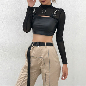 Mesh Long Sleeve O Neck Crop Top