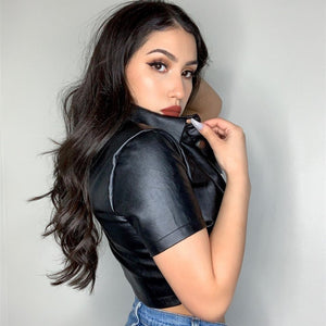 Black Leather Crop Top with V-Neck