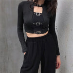 Hollow Out Long Sleeve Buckle Top