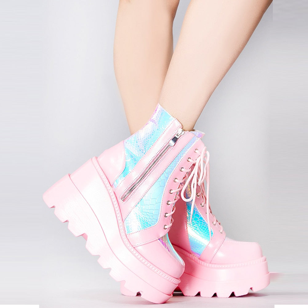 Holographic Pink Platform Ankle Boots