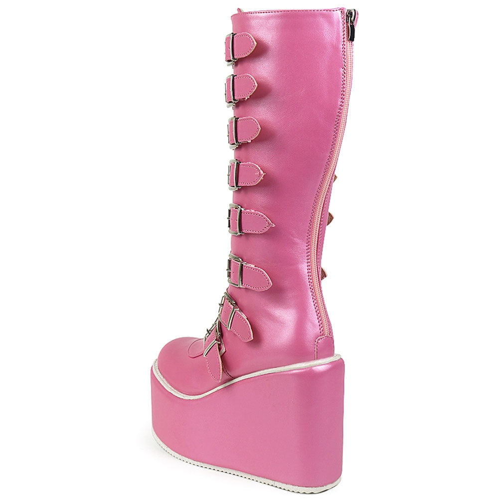 Knee High Buckle Platform Boots Pink
