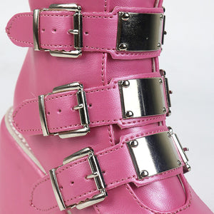Knee High Buckle Platform Boots Pink