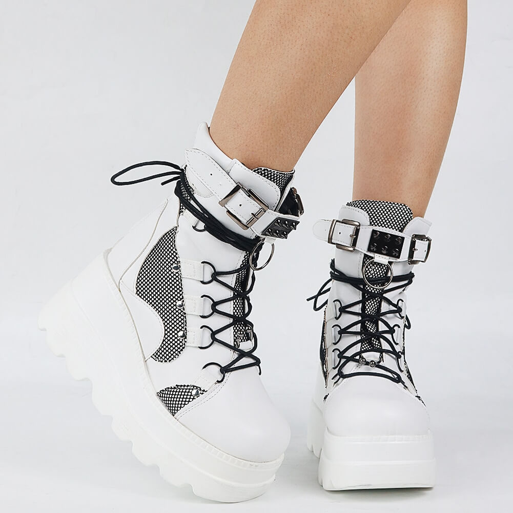 White Lace Up Platform Ankle Boots