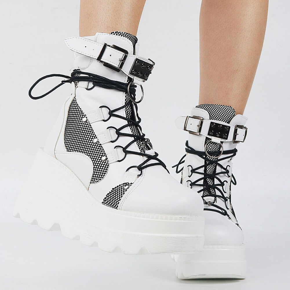 White Lace Up Platform Ankle Boots